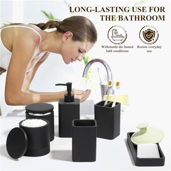Matte Black Bathroom Accessories Set 6 Piece Soap Dispenser Toothbrush Holder - Picture 5 of 8